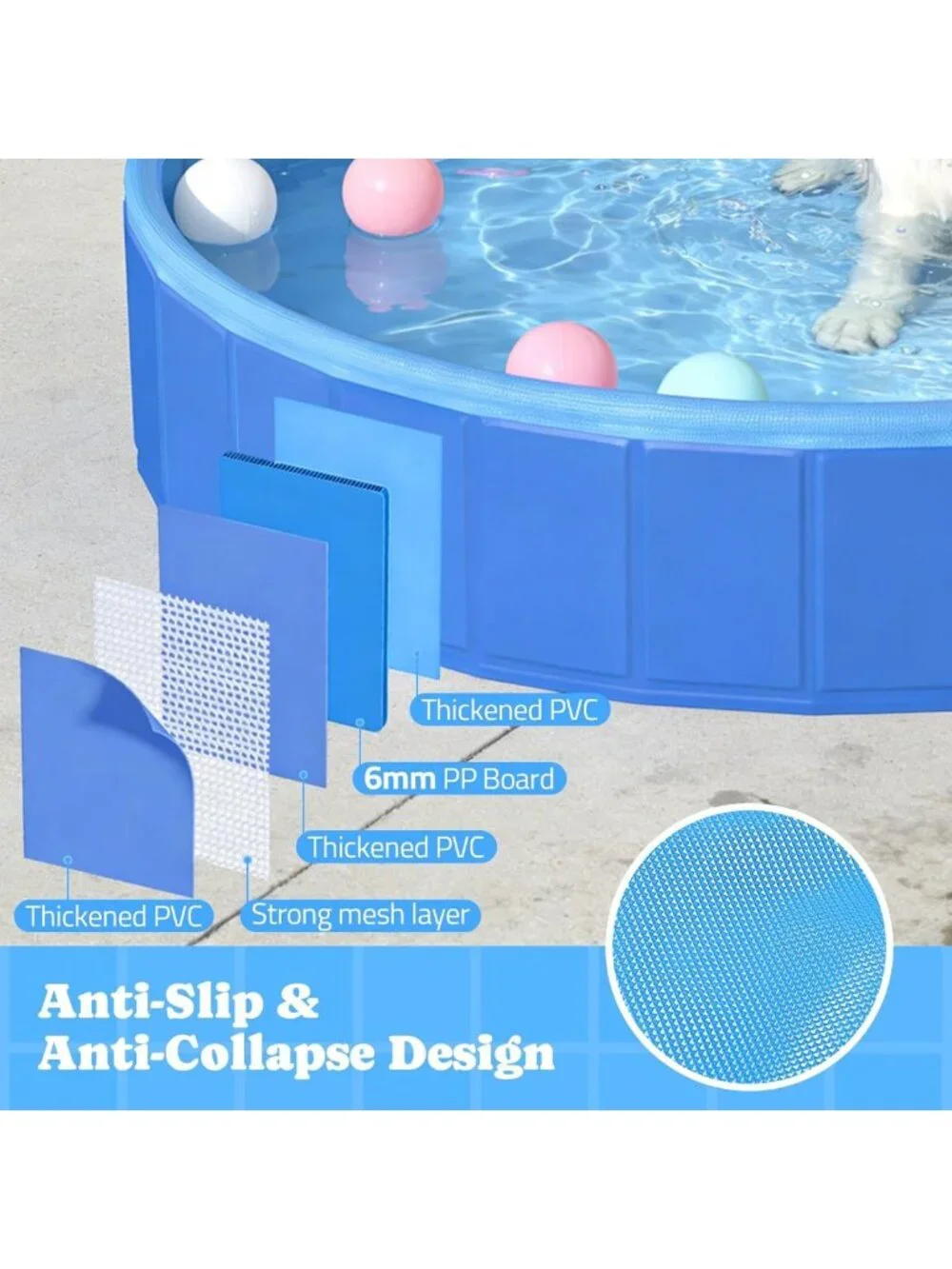 72” Foldable Dog Pool with Sprinkler & LED Light - Portable Pet Bathing Tub for